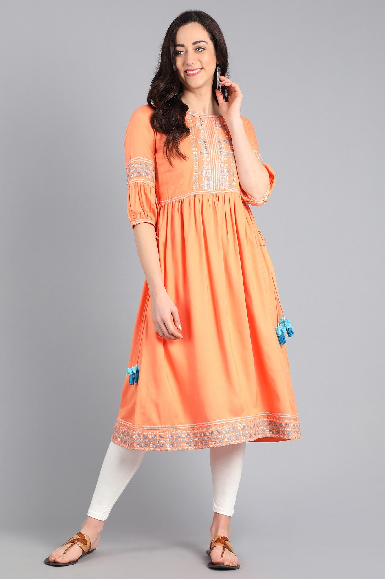 Orange Round Neck Tie-Up kurta