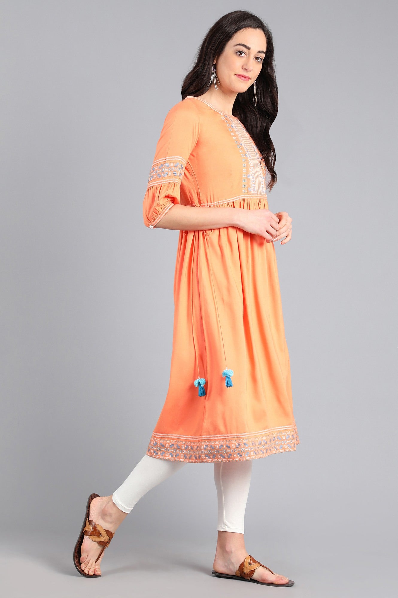 Orange Round Neck Tie-Up kurta