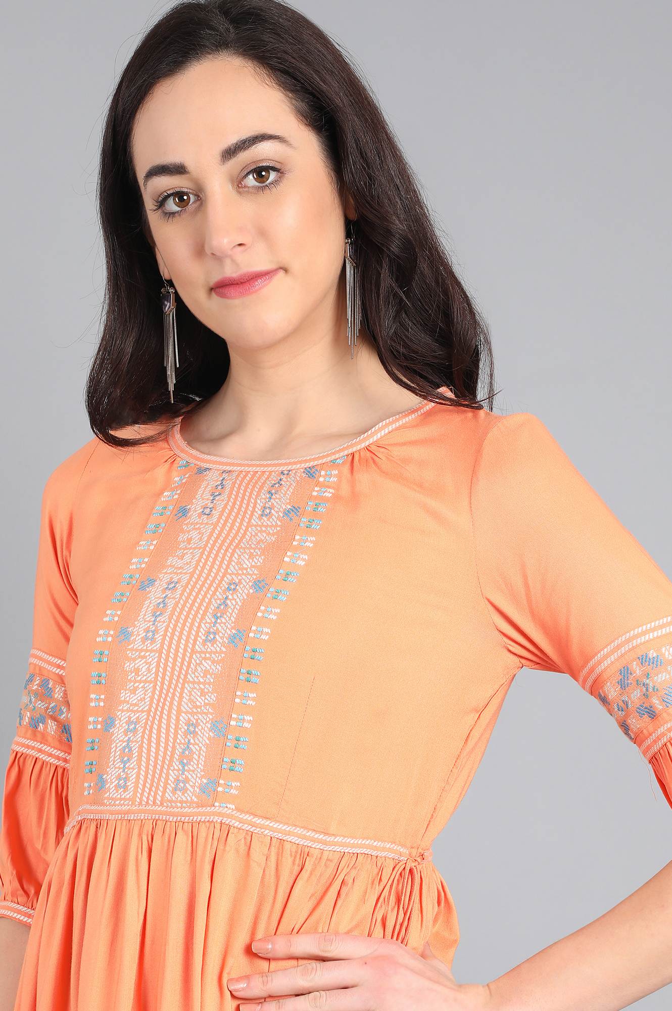 Orange Round Neck Tie-Up kurta