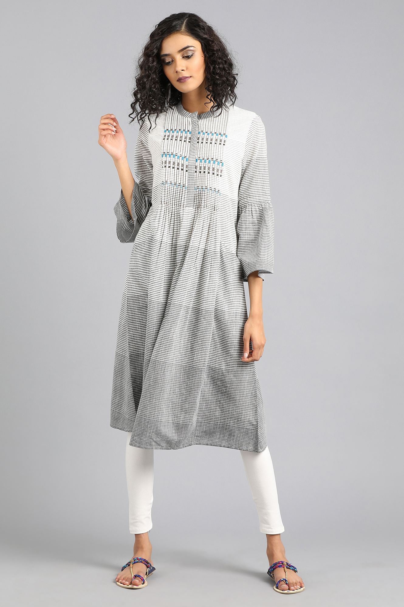 Grey Mandarin Neck Yarn-dyed kurta