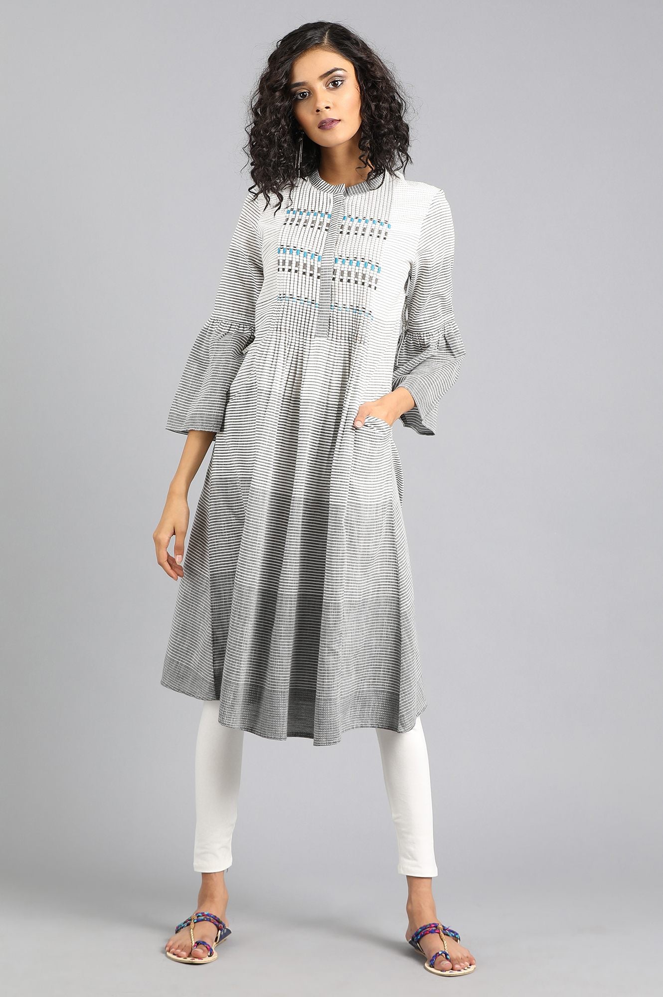 Grey Mandarin Neck Yarn-dyed kurta