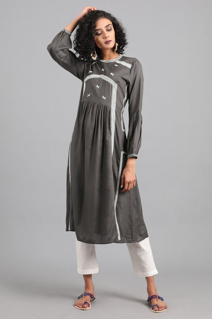 Grey Mandarin Neck Solid kurta