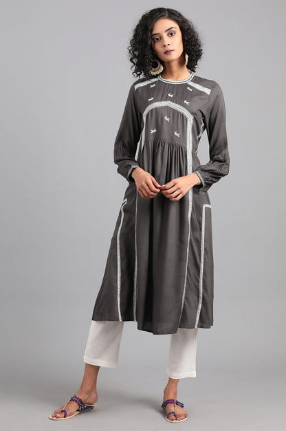 Grey Mandarin Neck Solid kurta