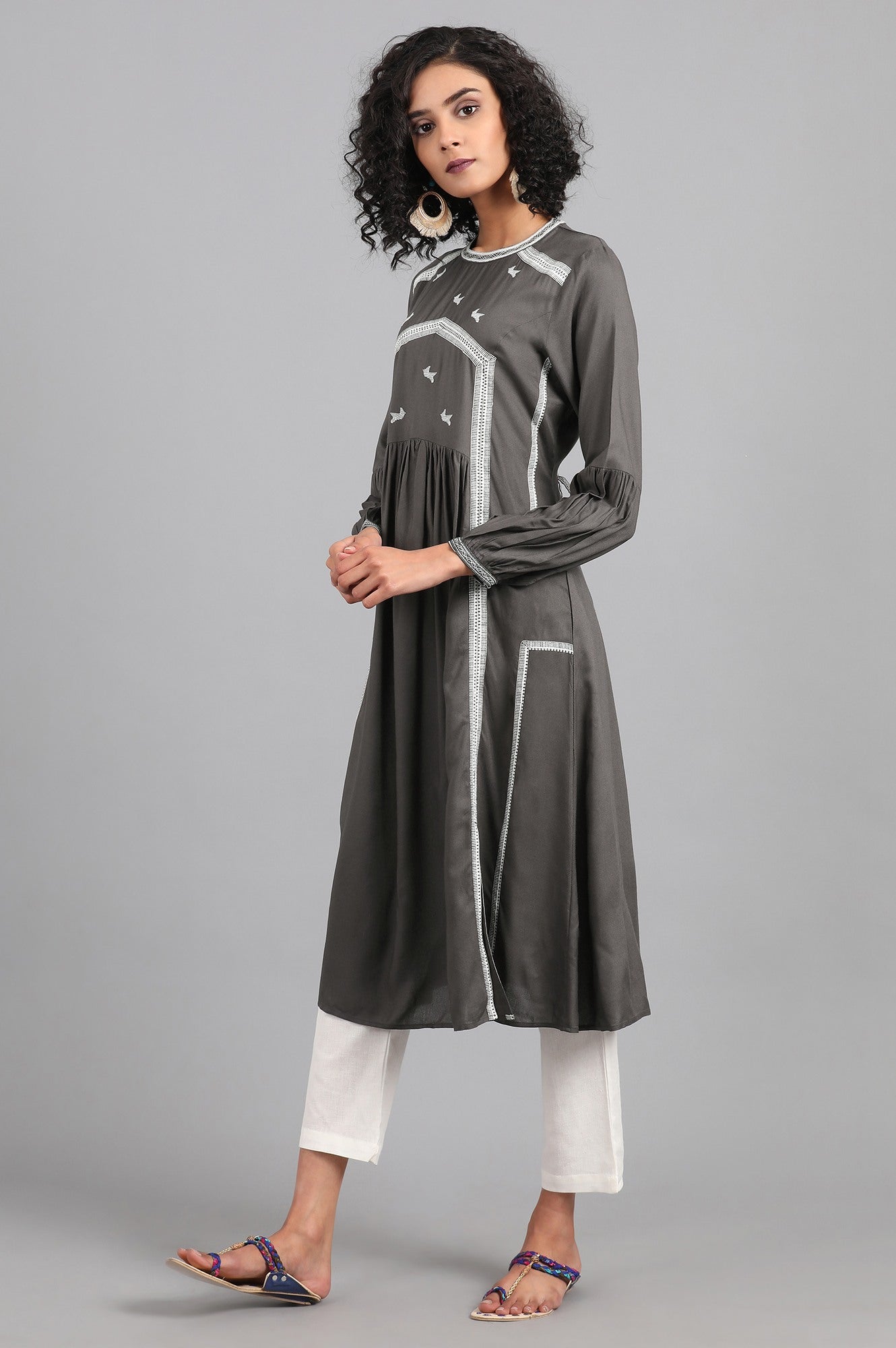 Grey Mandarin Neck Solid kurta