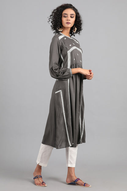 Grey Mandarin Neck Solid kurta