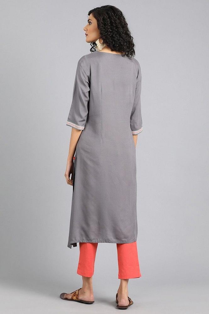 Grey Round Neck Yarn-dyed kurta - wforwoman