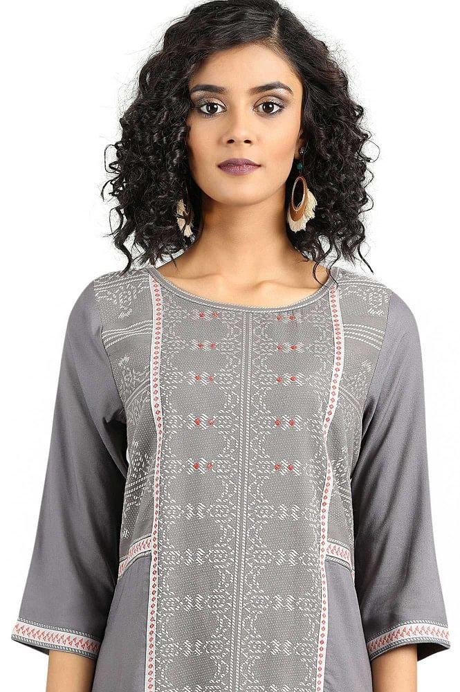 Grey Round Neck Yarn-dyed kurta - wforwoman