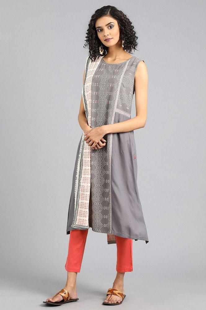 Grey Round Neck Yarn-dyed kurta - wforwoman