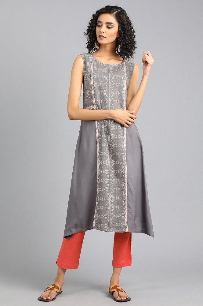 Grey Round Neck Yarn-dyed kurta - wforwoman