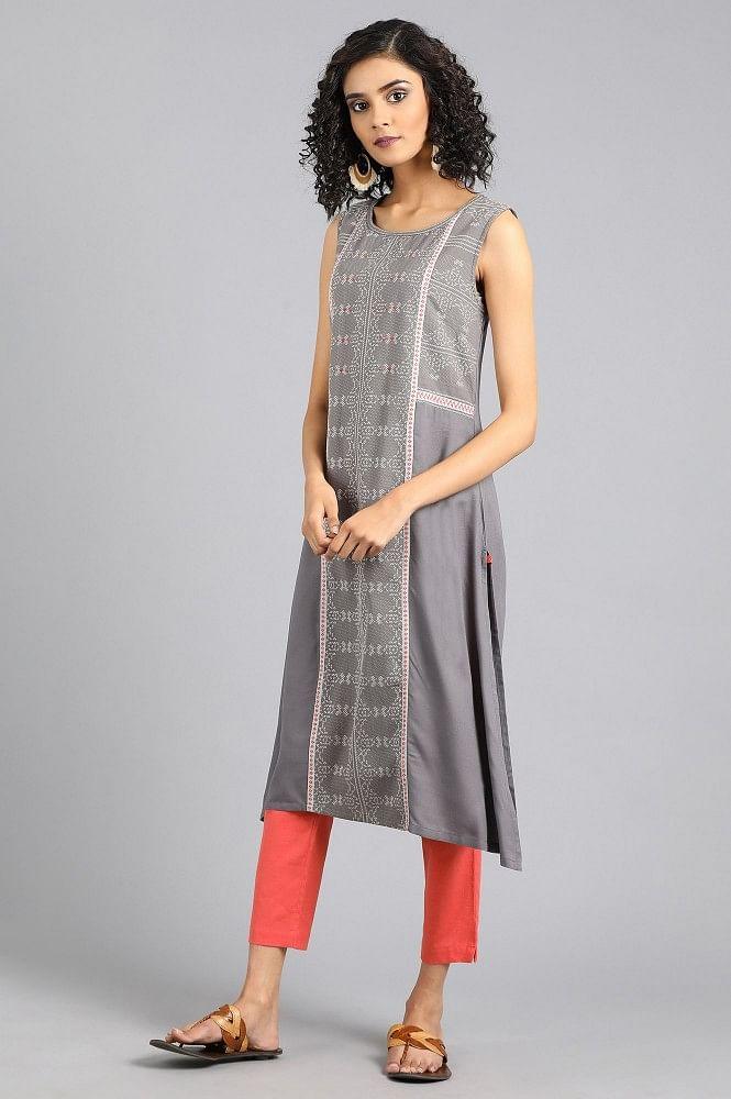 Grey Round Neck Yarn-dyed kurta - wforwoman