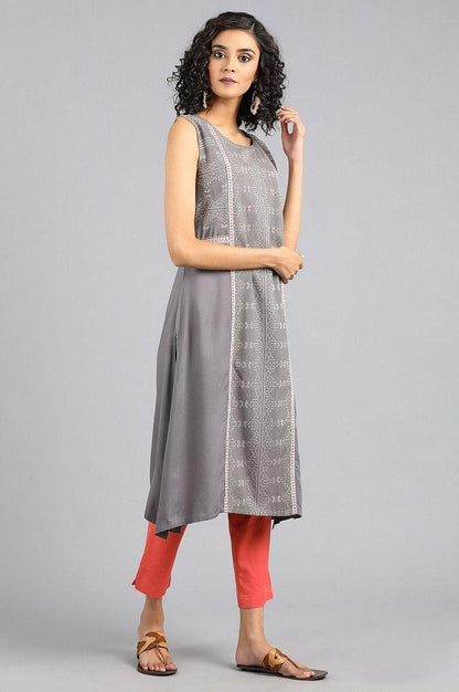 Grey Round Neck Yarn-dyed kurta - wforwoman