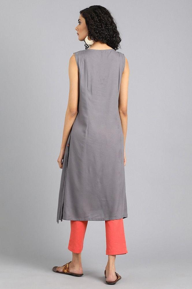 Grey Round Neck Yarn-dyed kurta - wforwoman