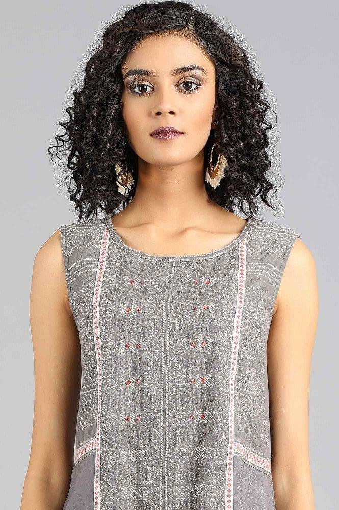 Grey Round Neck Yarn-dyed kurta - wforwoman