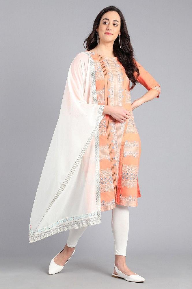 Orange Round Neck Yarn-dyed kurta - wforwoman