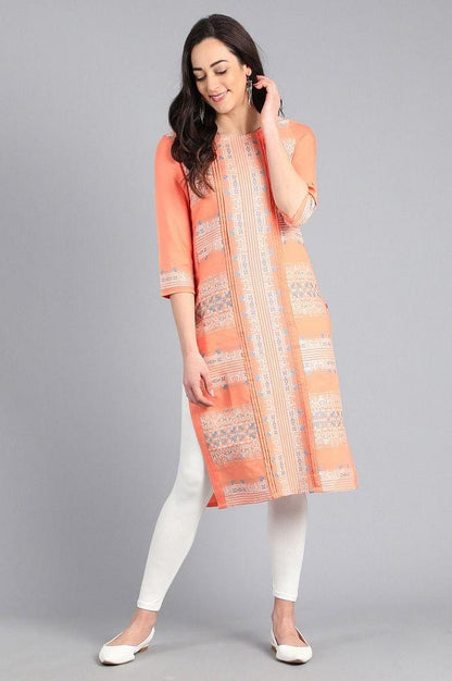 Orange Round Neck Yarn-dyed kurta - wforwoman