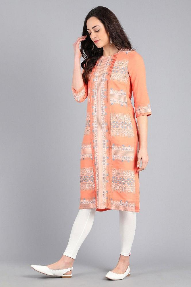 Orange Round Neck Yarn-dyed kurta - wforwoman