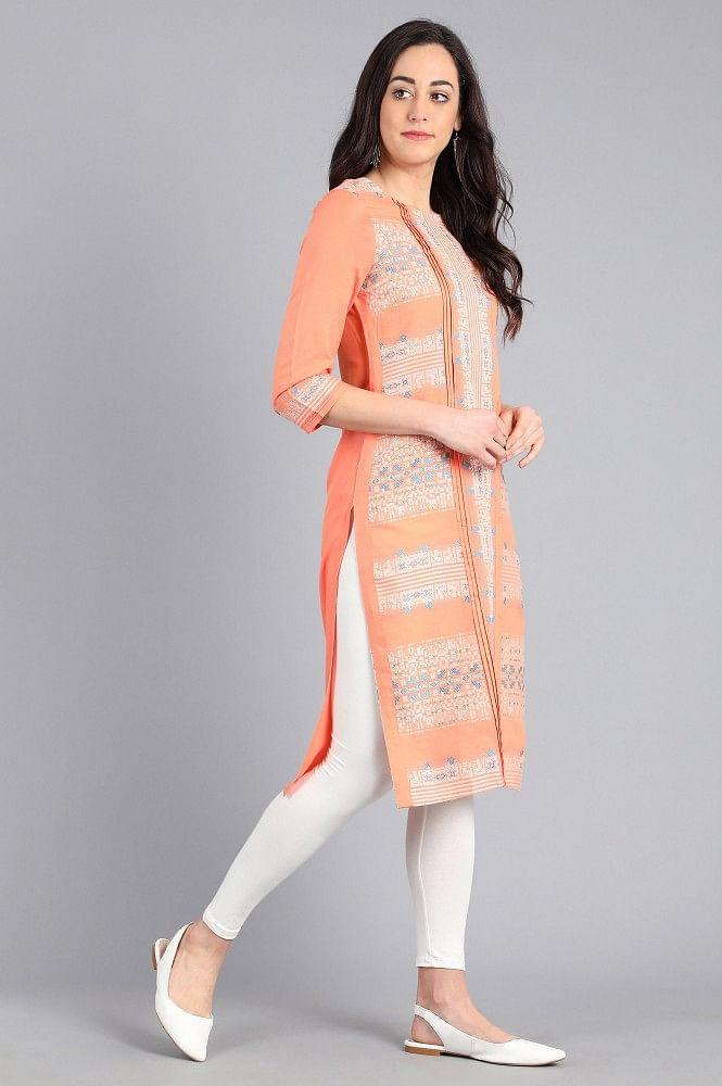 Orange Round Neck Yarn-dyed kurta - wforwoman