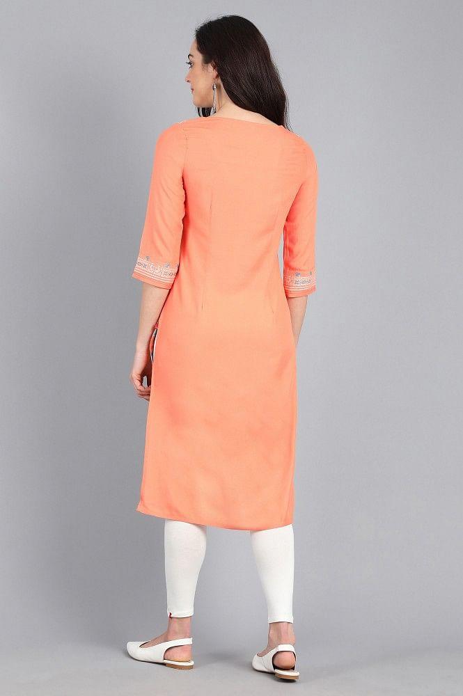 Orange Round Neck Yarn-dyed kurta - wforwoman