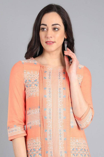 Orange Round Neck Yarn-dyed kurta - wforwoman