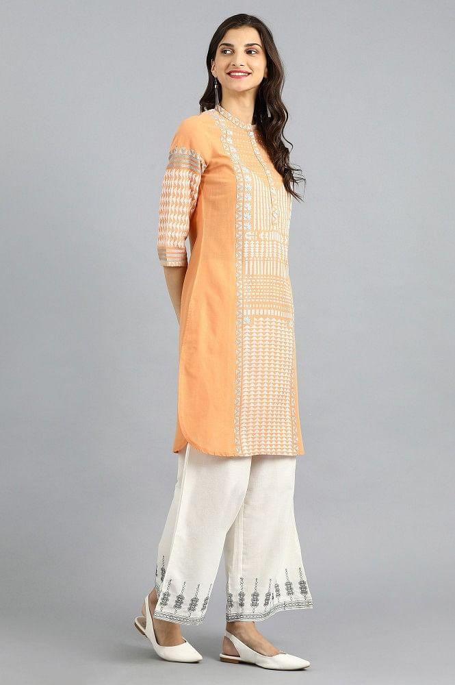Orange Mandarin Neck Yarn-dyed kurta - wforwoman