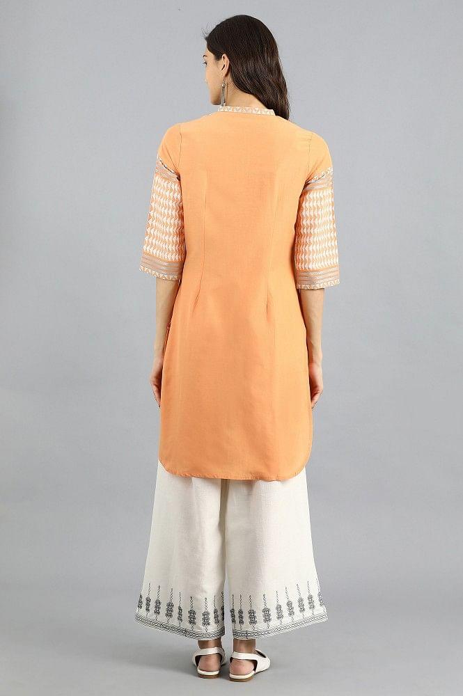 Orange Mandarin Neck Yarn-dyed kurta - wforwoman