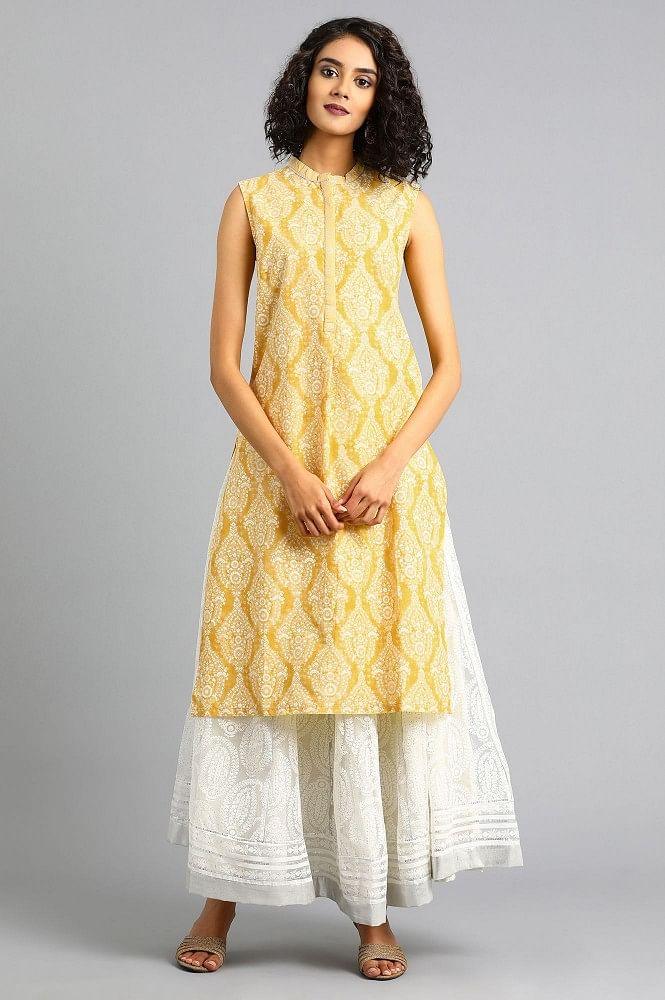 Yellow Mandarin Neck Sleeveless kurta - wforwoman