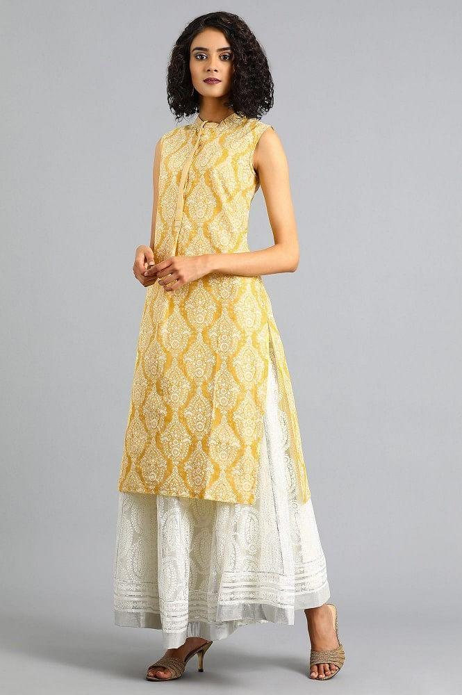 Yellow Mandarin Neck Sleeveless kurta - wforwoman