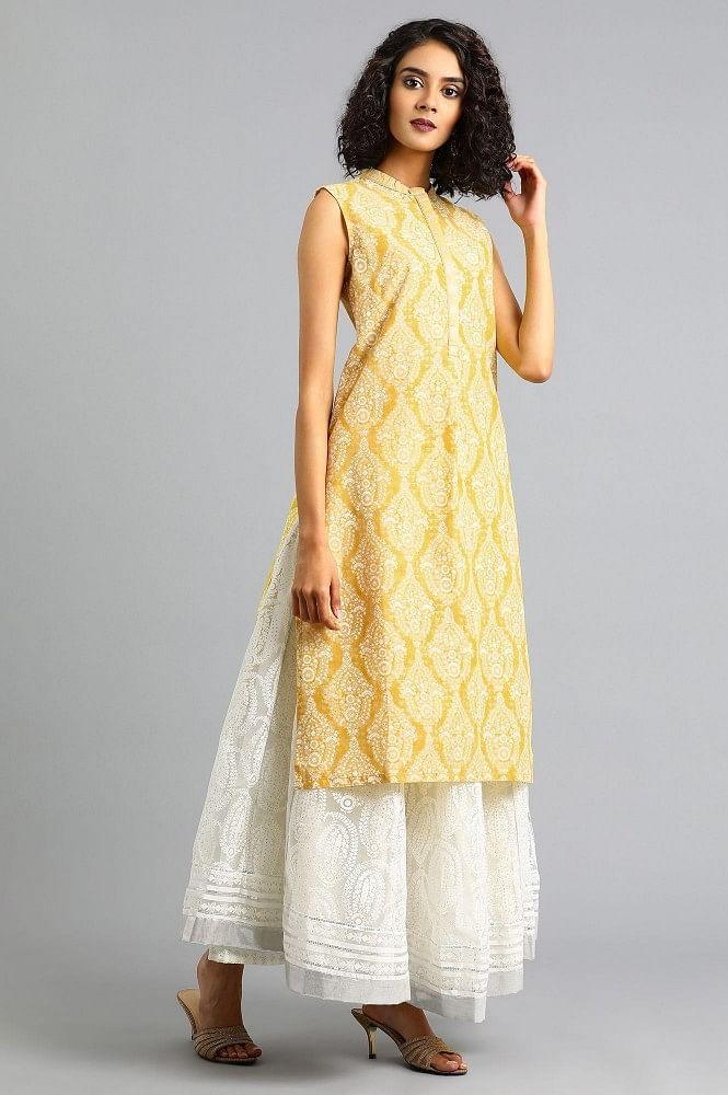 Yellow Mandarin Neck Sleeveless kurta - wforwoman