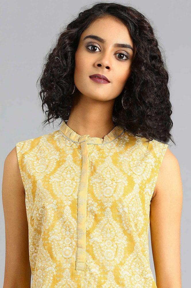 Yellow Mandarin Neck Sleeveless kurta - wforwoman