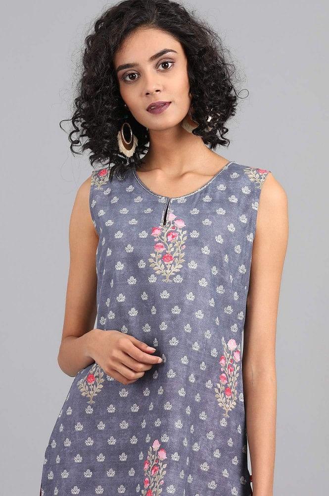 Grey Round Neck Floral Print kurta - wforwoman