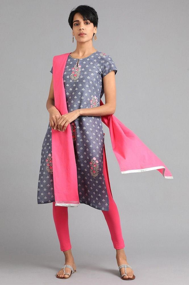 Grey Round Neck Floral Print kurta - wforwoman