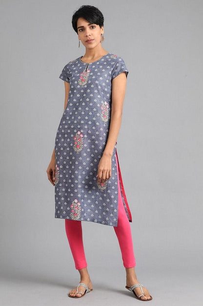 Grey Round Neck Floral Print kurta - wforwoman