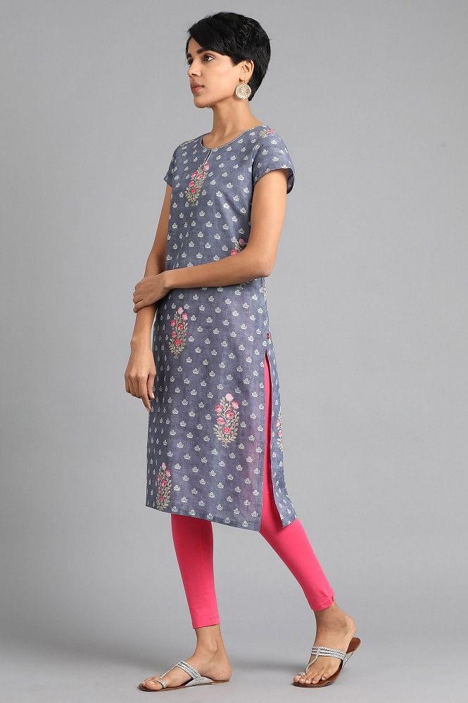 Grey Round Neck Floral Print kurta - wforwoman