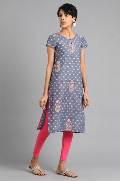 Grey Round Neck Floral Print kurta - wforwoman