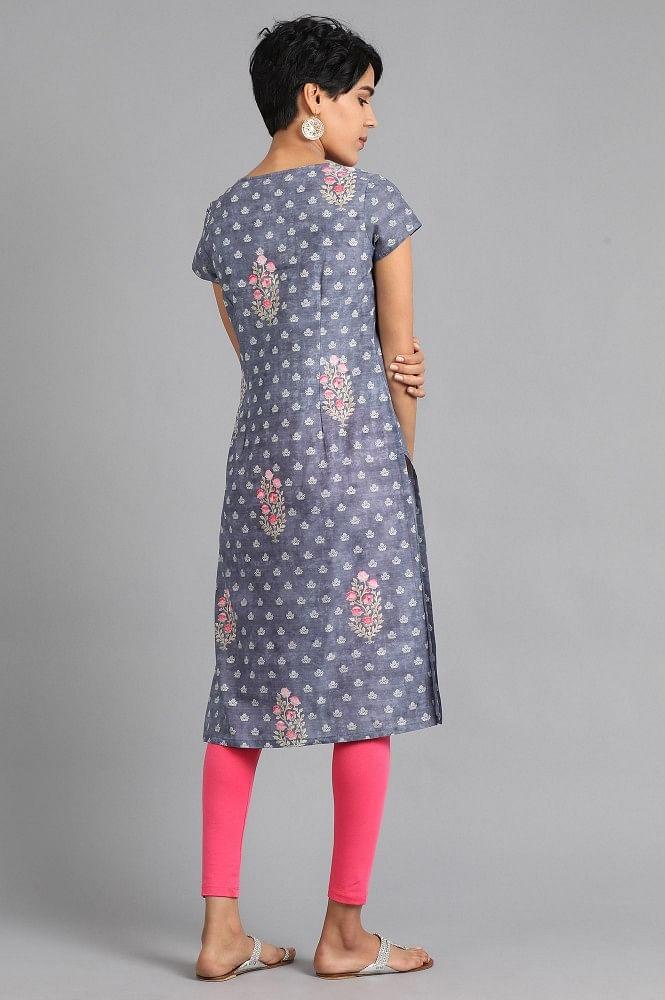 Grey Round Neck Floral Print kurta - wforwoman