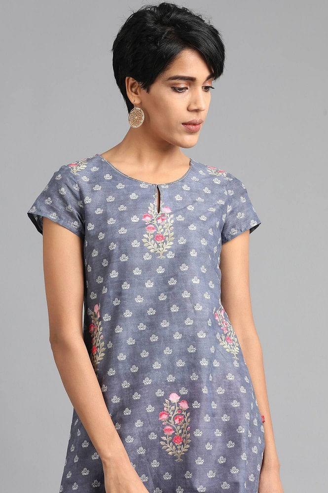 Grey Round Neck Floral Print kurta - wforwoman