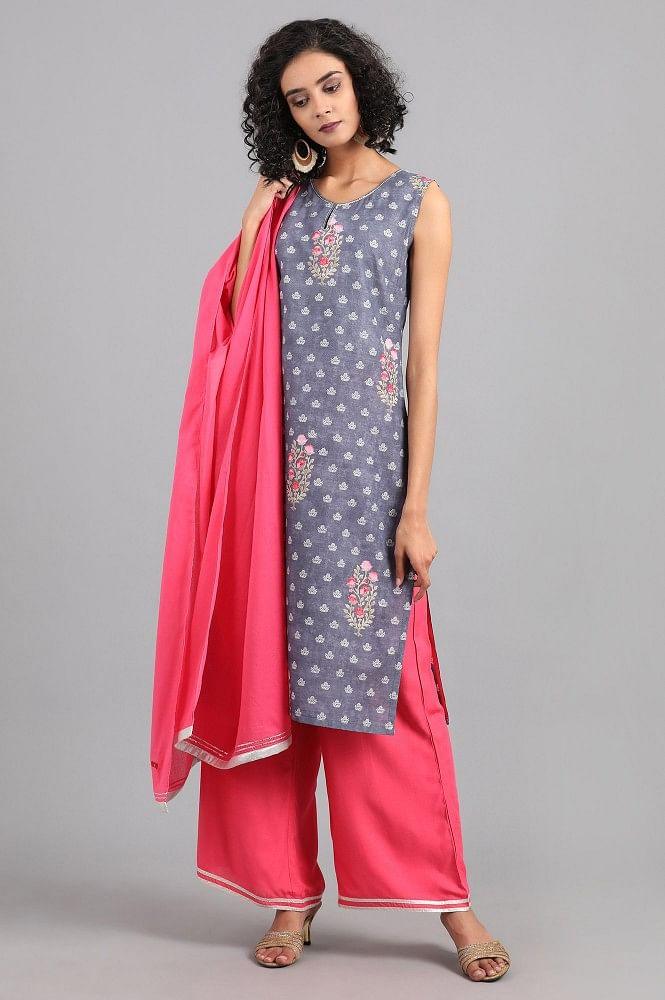 Grey Round Neck Floral Print kurta - wforwoman