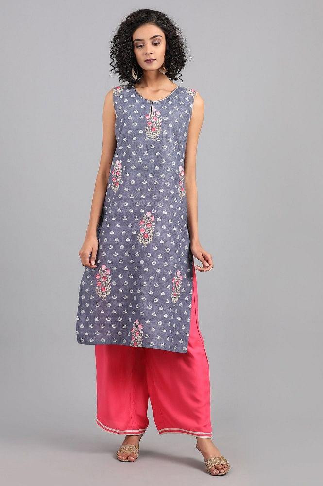 Grey Round Neck Floral Print kurta - wforwoman