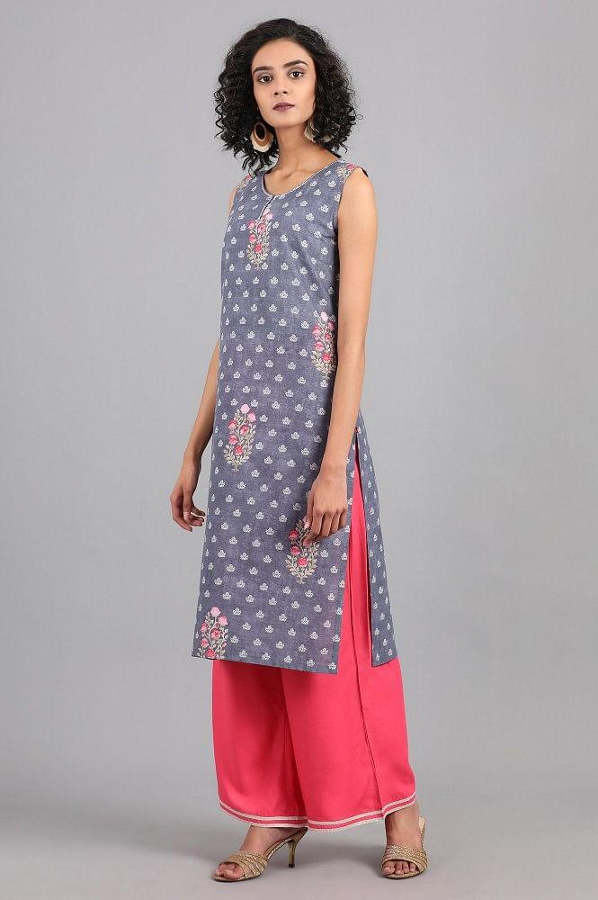 Grey Round Neck Floral Print kurta - wforwoman