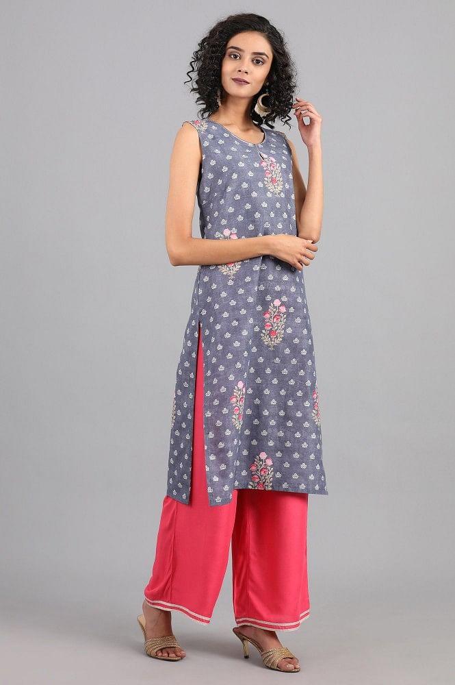 Grey Round Neck Floral Print kurta - wforwoman