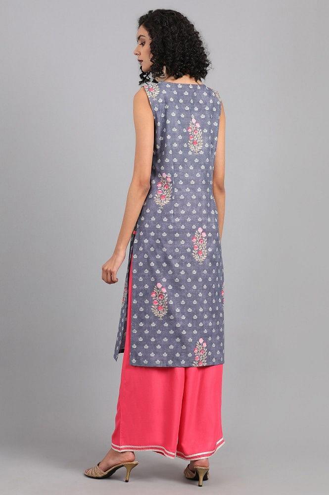 Grey Round Neck Floral Print kurta - wforwoman