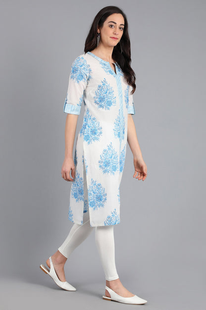 White &amp; Blue Round Neck Printed kurta