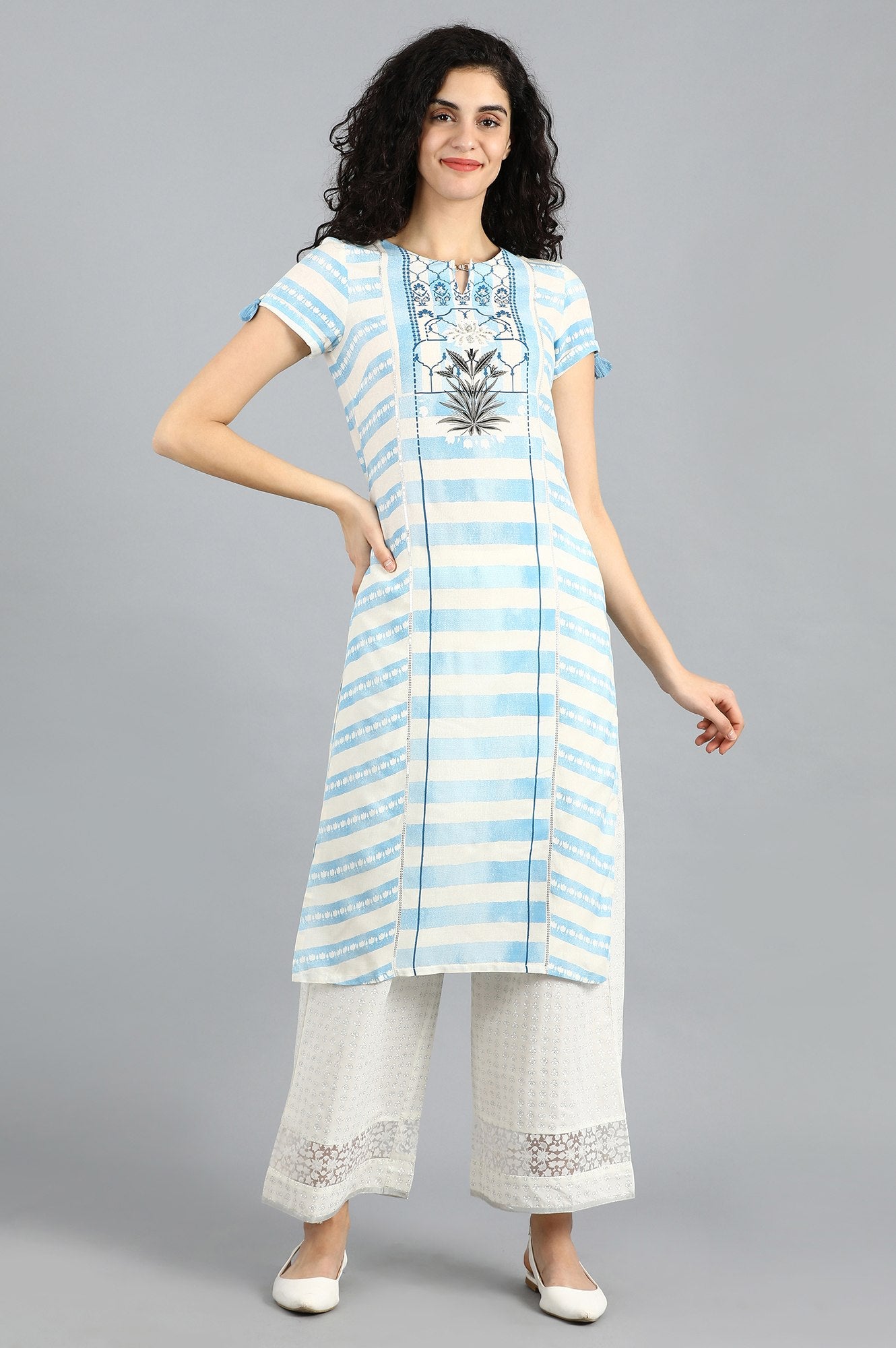 Blue Round Neck Printed kurta