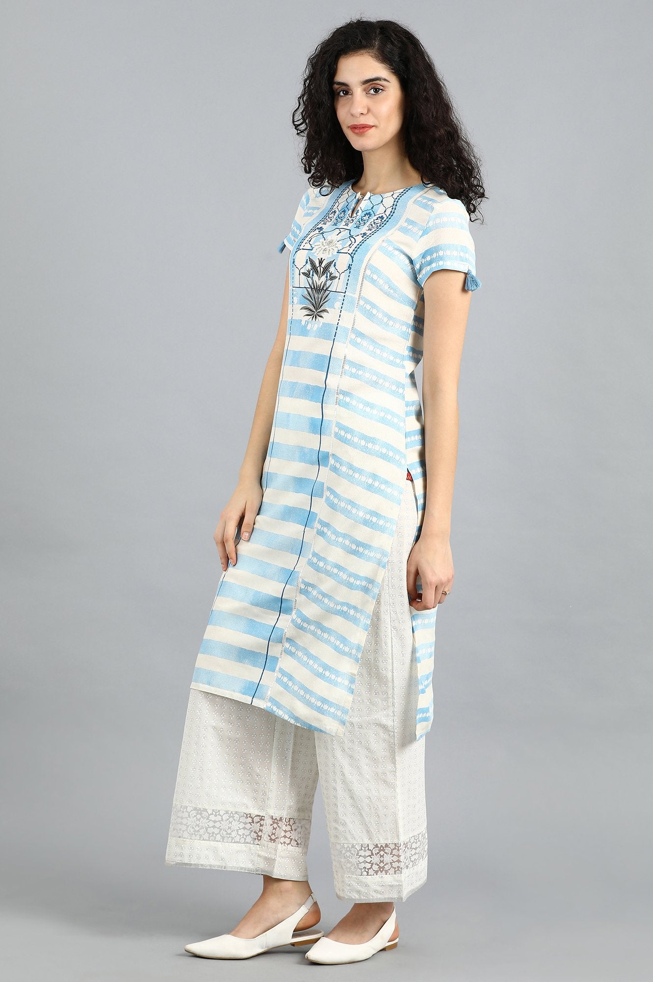 Blue Round Neck Printed kurta