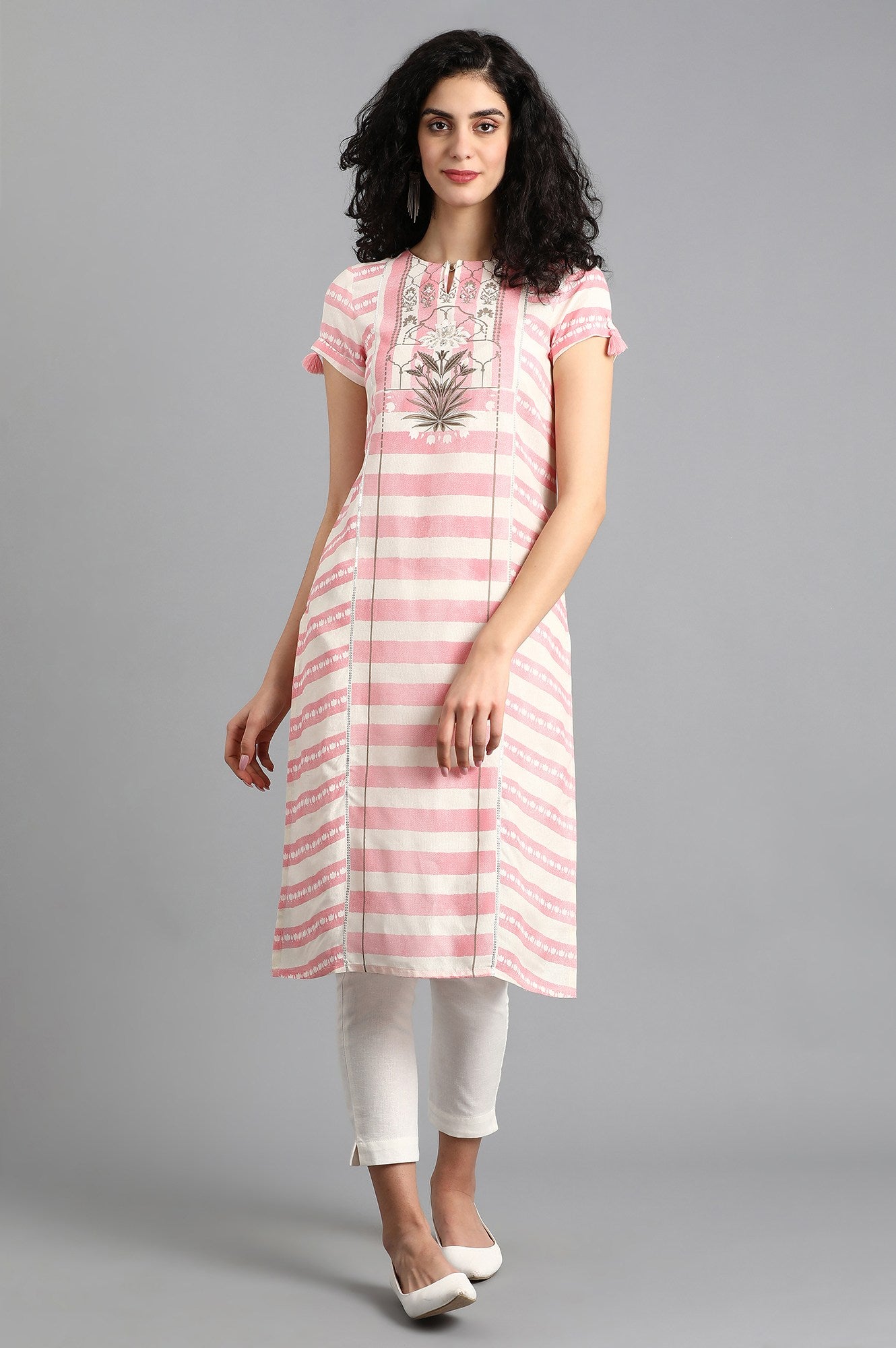 Pink Round Neck Printed kurta