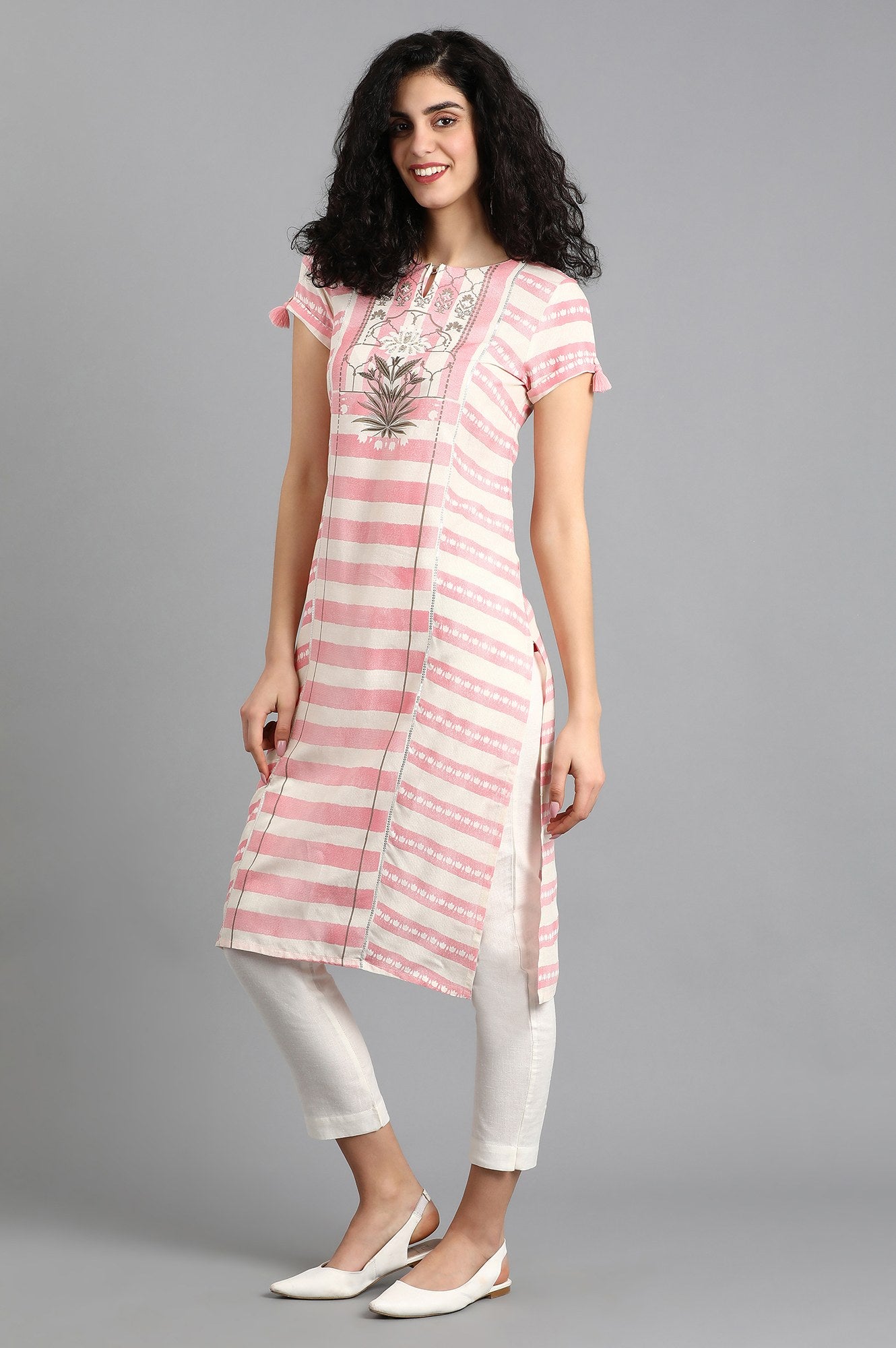 Pink Round Neck Printed kurta