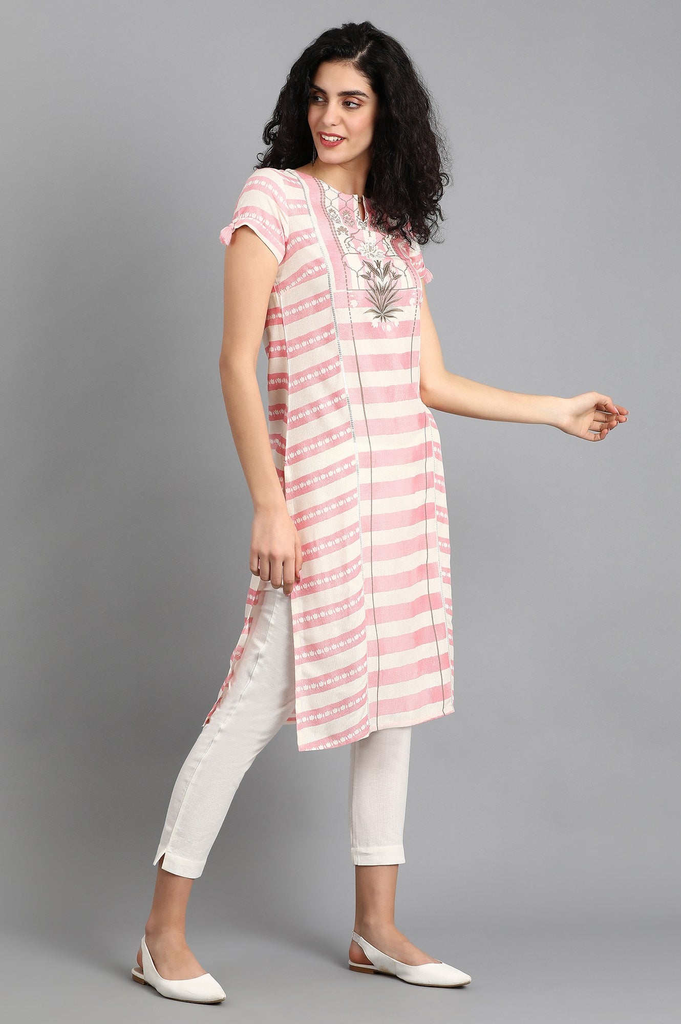 Pink Round Neck Printed kurta