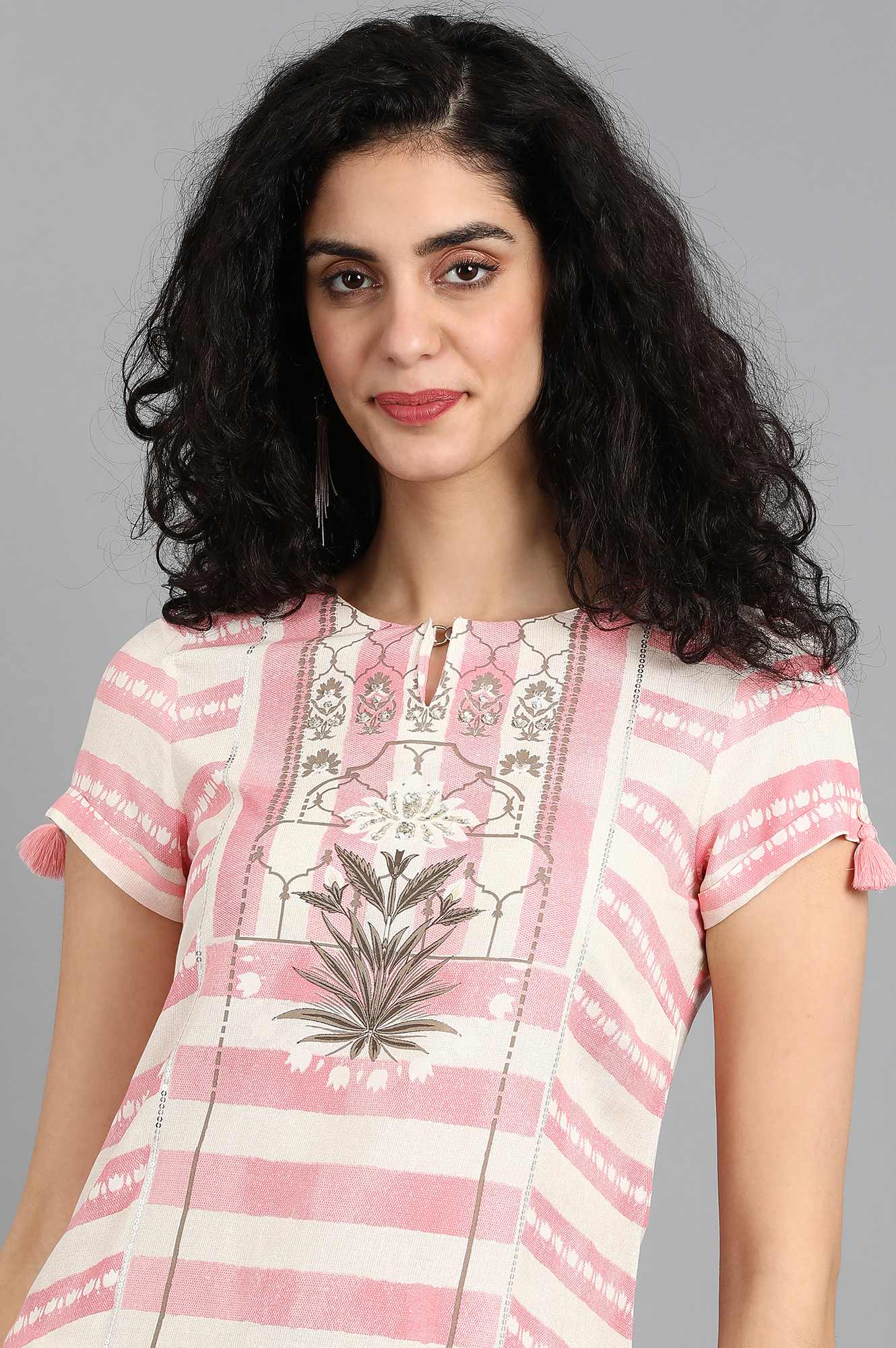 Pink Round Neck Printed kurta