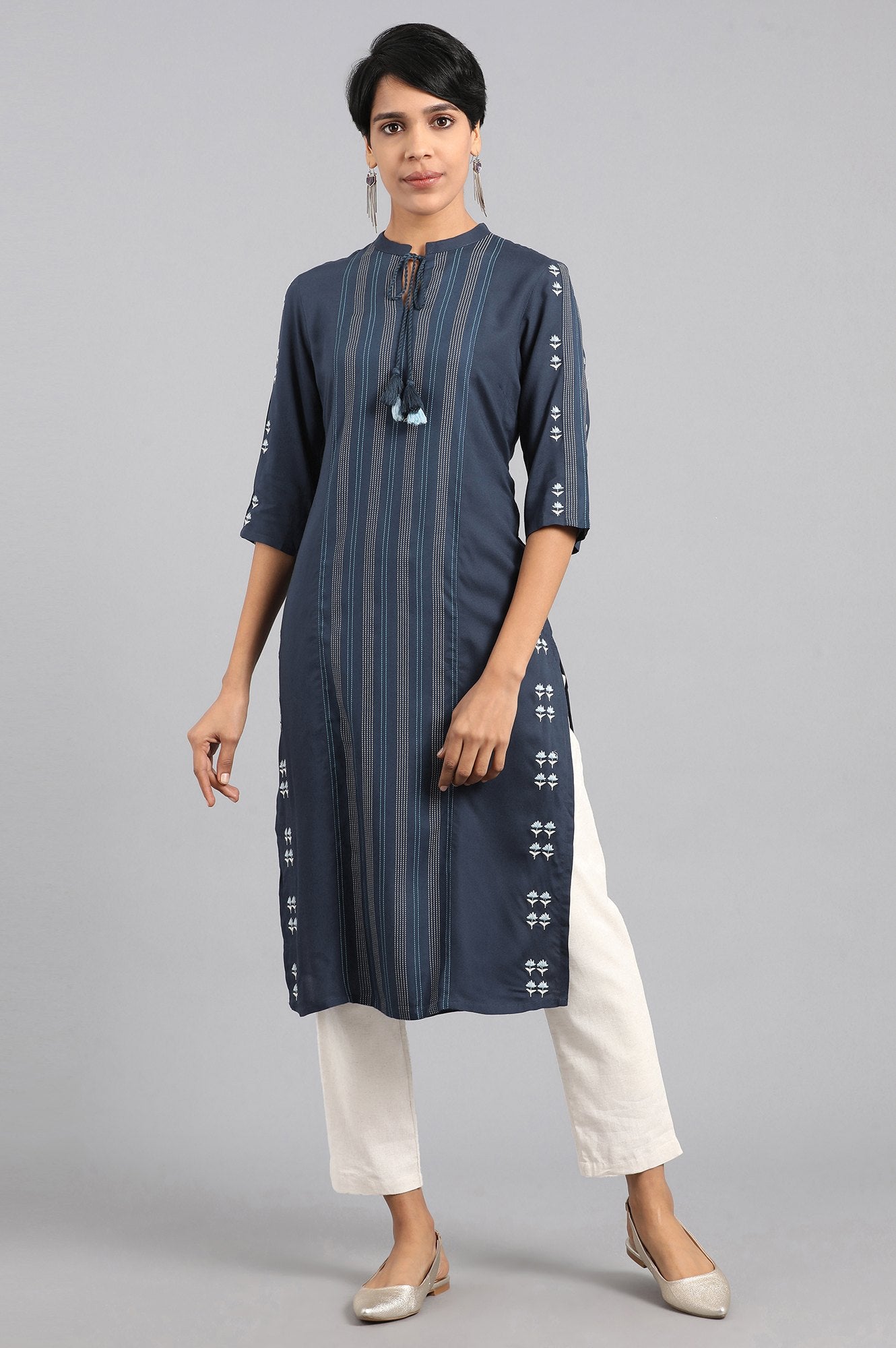 Blue Mandarin Neck Printed kurta