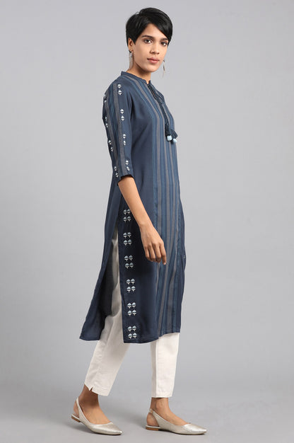 Blue Mandarin Neck Printed kurta